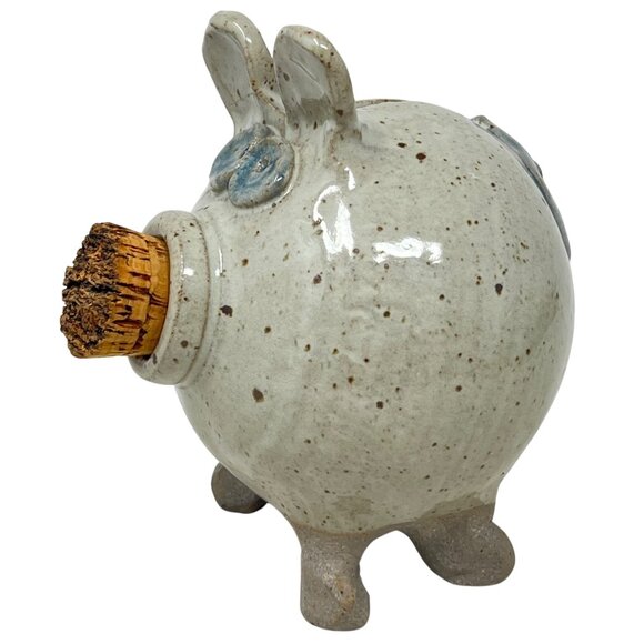 Handcrafted Ceramic Glazed Pottery Beige Blue Piggy Bank Cork Stopper Signed - Picture 3 of 8